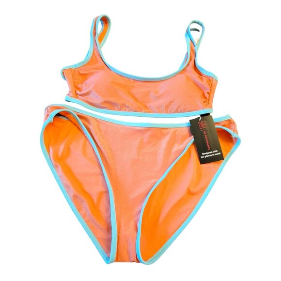 Bikini Swimsuit Salmon Pink Sparkle Sky Blue Trim Juniors XL 15-17 JH1709 - Picture 9 of 9